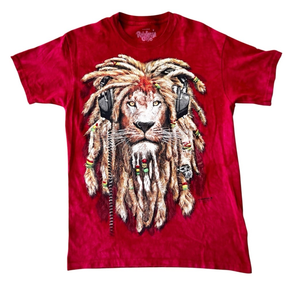 Rainforest Cafe Mens Shirt Red Medium Tie Dye Rasta Lion Wildlife Manimals DJ